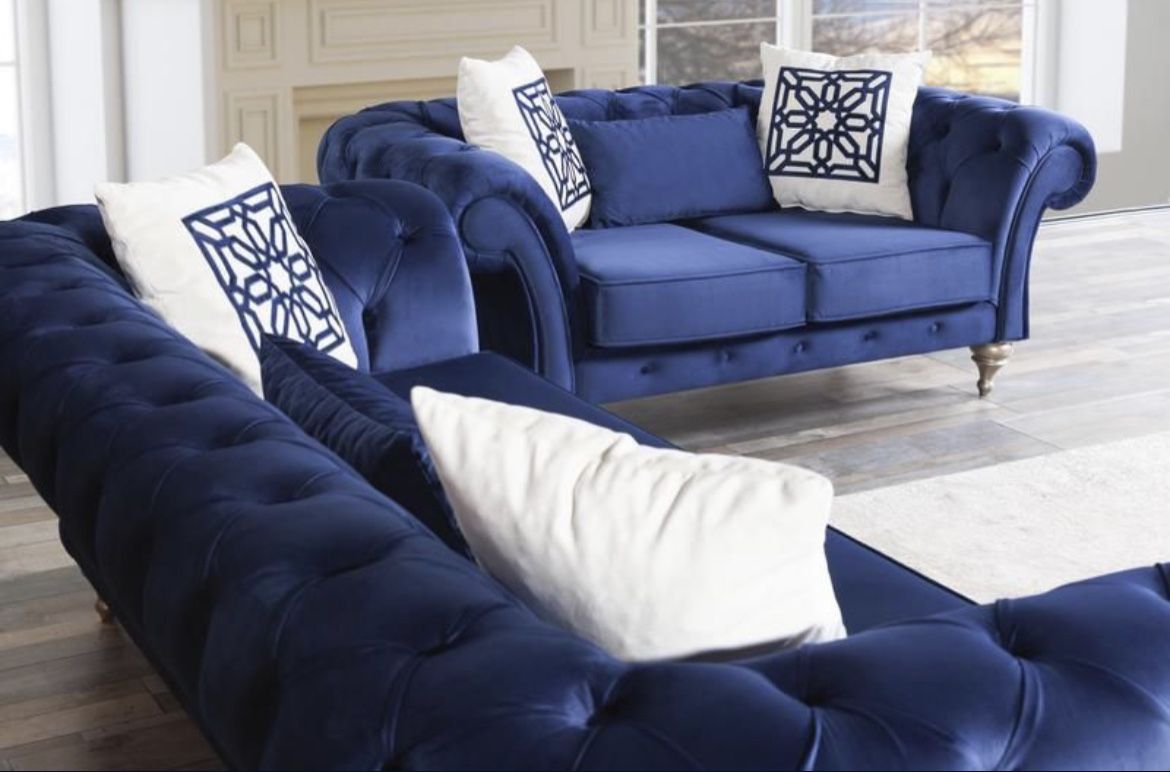 (BRAND NEW) Loretta Blue Velvet Sofa & Loveseat