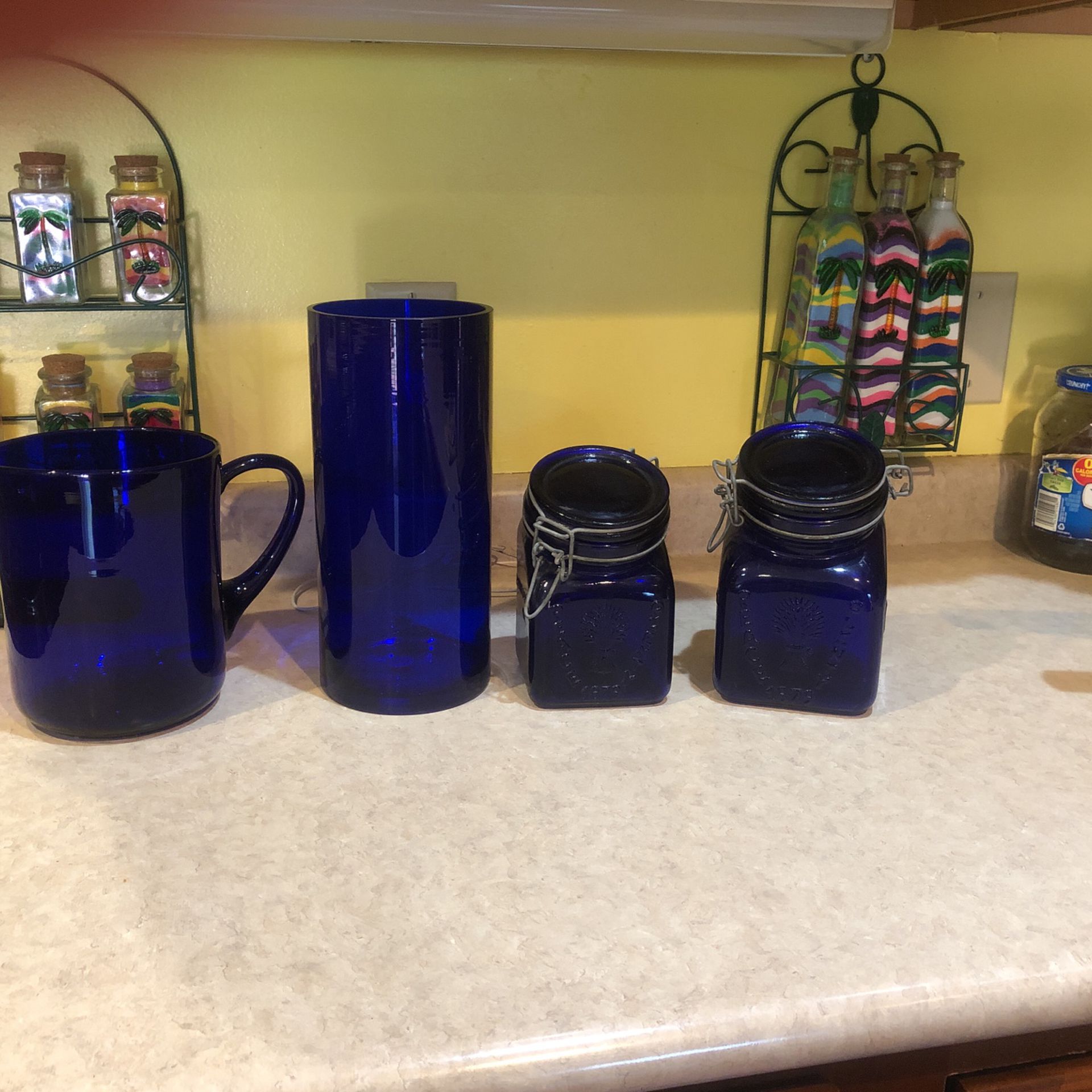  4  BeautifulbCobalt Blue Pieces - 1 Pitcher, 1Vase, 2 Vintage Mason Jars