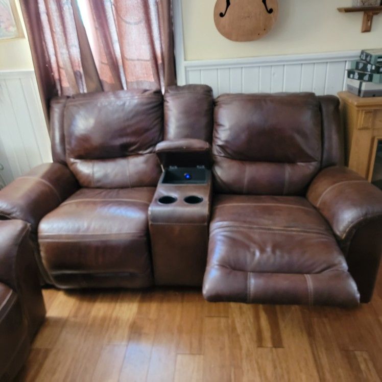 Brown Genuine Leather Reclining Sofa With Center Power Console