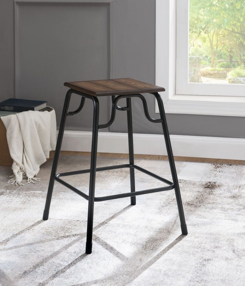 NEW ( 5 Piece ) Counter Height Dining Table Set + 4 Chairs - Metal Wood Grain Kitchen Top Barstool Seats High Bar Stool Dinner Room Bench Walnut -READ