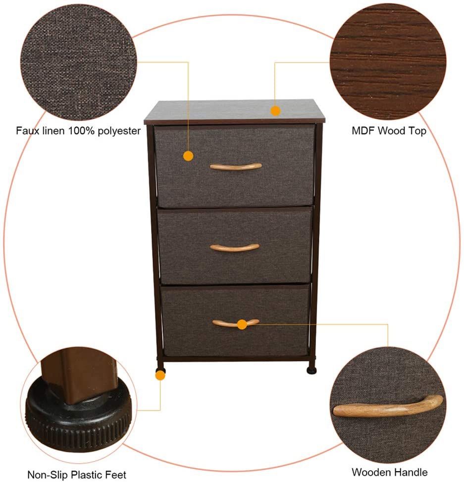 Dresser with 3 Drawers, Fabric Storage Tower, Organizer Unit for Bedroom, Hallway, Entryway, Closets, Sturdy Steel Frame, Wood Top, Easy Pull Handle (