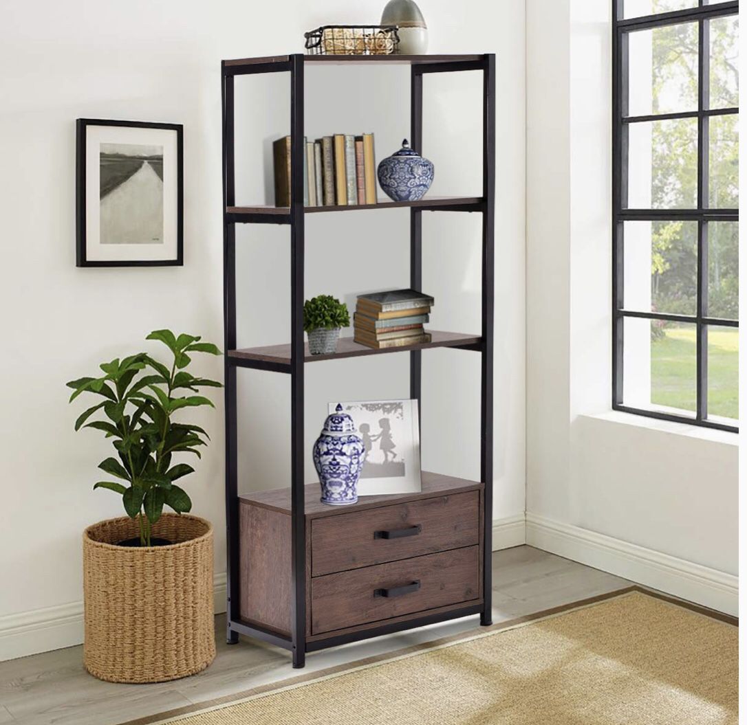 HOOSENG Bookcase with 2 Drawers, 4-Tier Open Bookshelf, 60'' Free Standing Shelf, Wooden Metal Frame Storage Cabinet, Organizer Rack Furniture for Liv