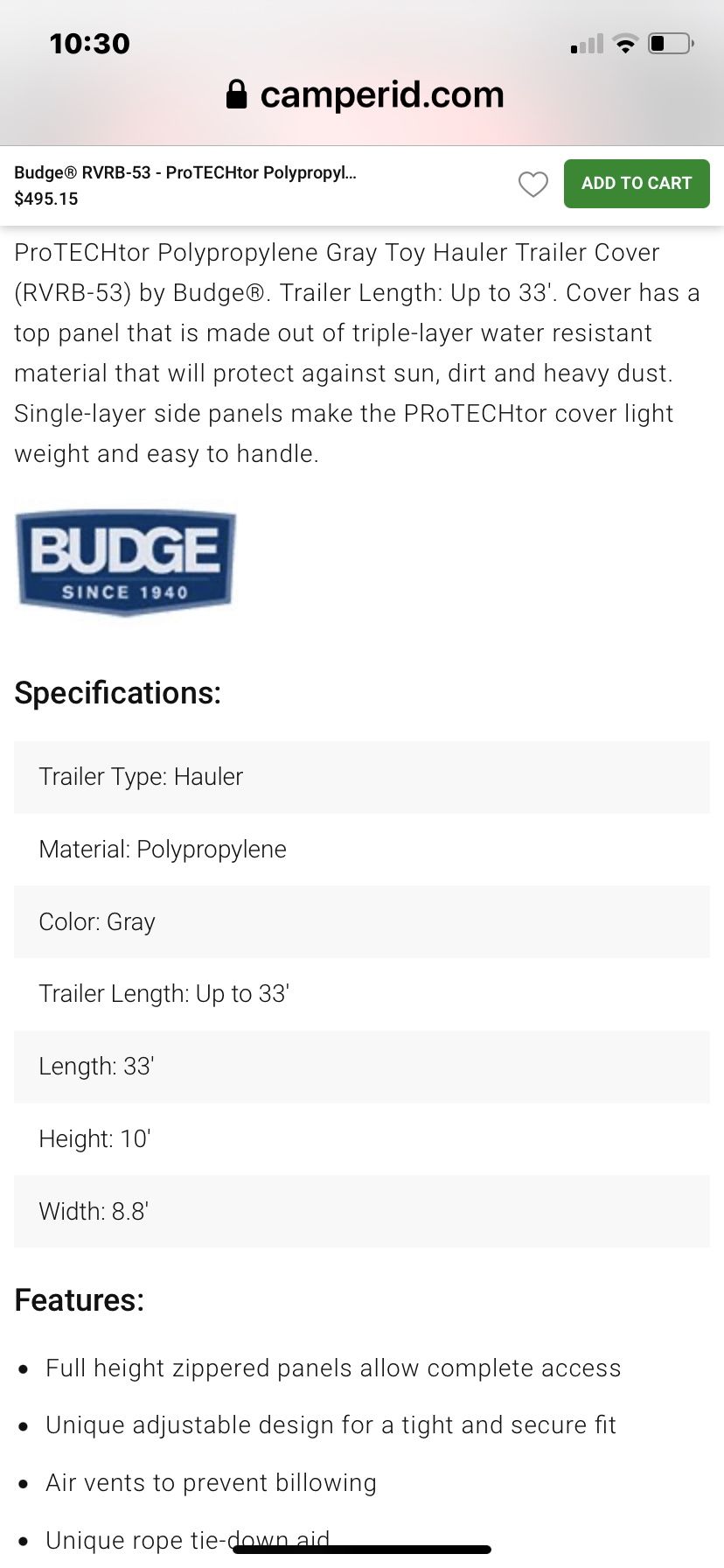 Budge Toy Hauler Cover 33’ #RVRB-53