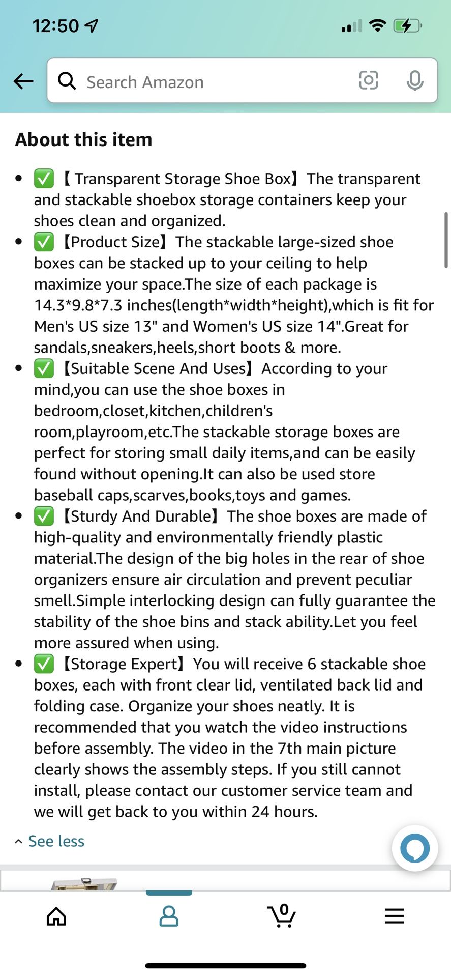 NEW IN BOX PRICE IS FIRM XL Shoe Storage Boxes, 6 Pack Shoe Boxes Clear Plastic Stackable, Shoe Organizer for Closet, Space Saving Plastic Foldable Sh