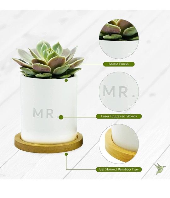 MR. & MRS. Gift Ceramic Pots - 3.5 inch White Mini Succulent Cactus Planter Pot w/ Bamboo Tray & Drainage Hole - GreenMind Design Laser Engraved Set o