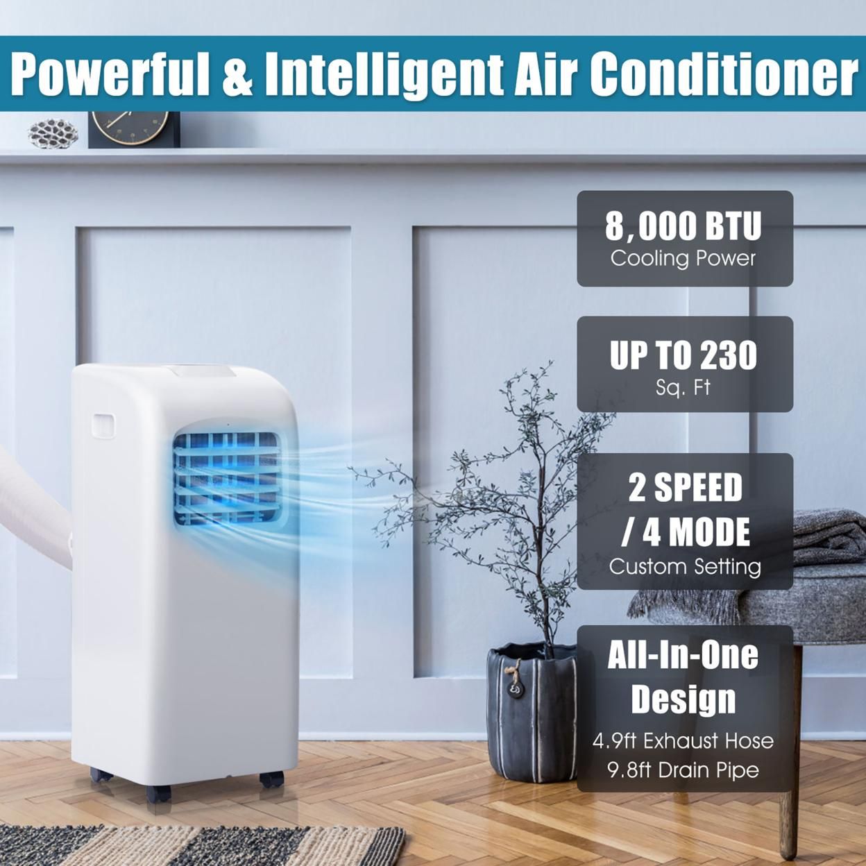 Costway 8000 BTU Portable Air Conditioner & Dehumidifier Function Remote W/ Window Kit
