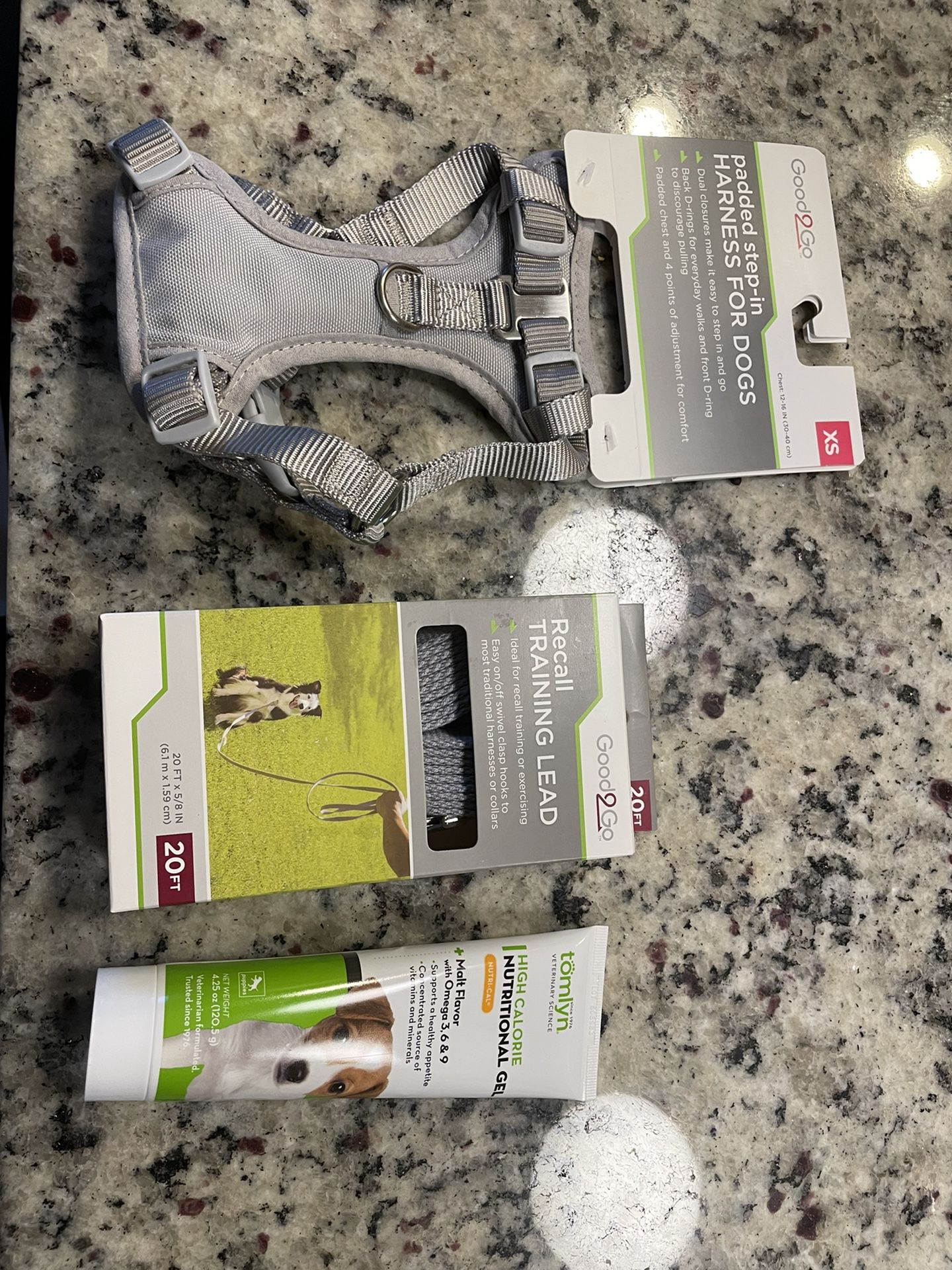 XS dog harness, training lead and nutritional paste