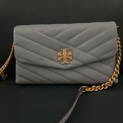 New Kira Chevron Quilted Leather Wallet On A Chain In Cloud Blue/ Rolled Brass Thumbnail