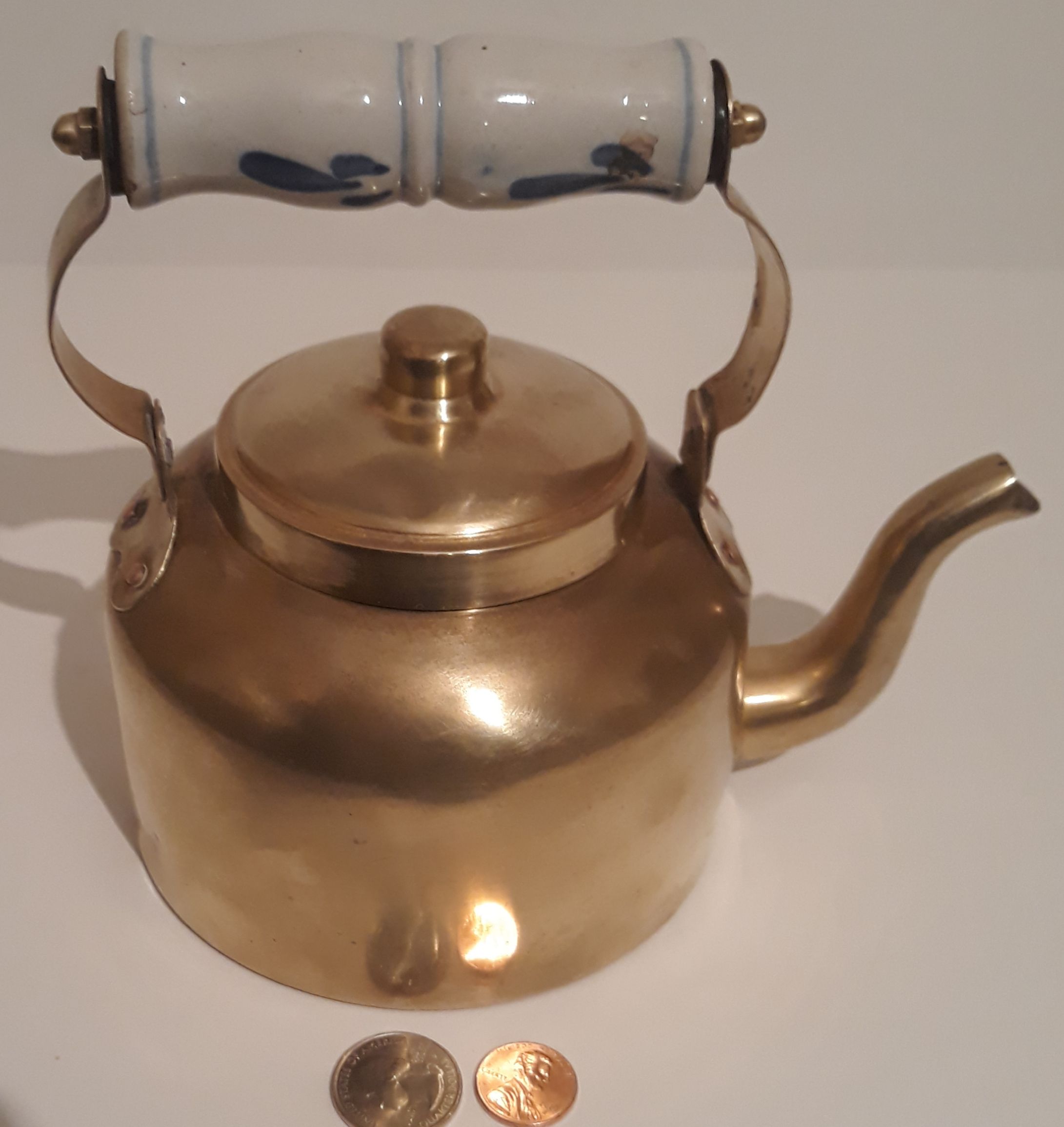 Vintage Metal Brass Teapot, Tea Kettle with Porcelain Handle, 7" x 5", Kitchen Decor, Table Display, Shelf Display, This Can Be Shined Up Even More