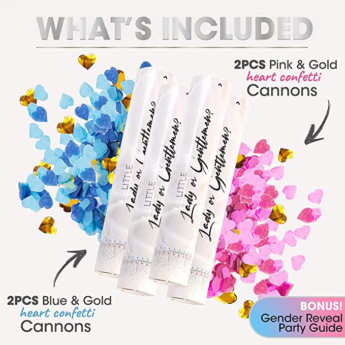 Gender Reveal Confetti Cannon - Set of 4 - Heart Shaped Confetti x4 in Pink And Blue
