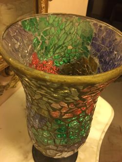 Beautiful vintage stain glass mosaic hurricane on distressed black metal candleholder mint Thumbnail