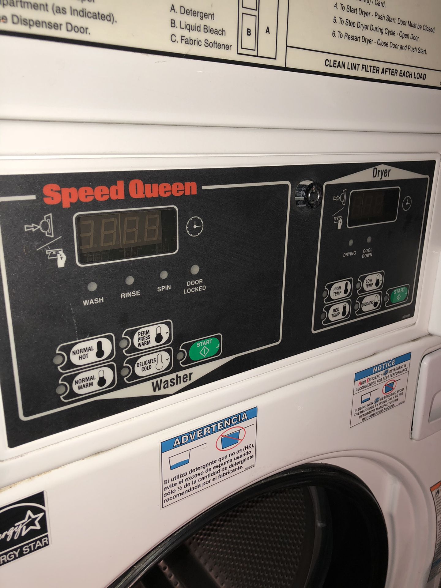 SPEED QUEEN COMMERCIAL COIN OPERATED STACKED WASHER & DRYER COMBO