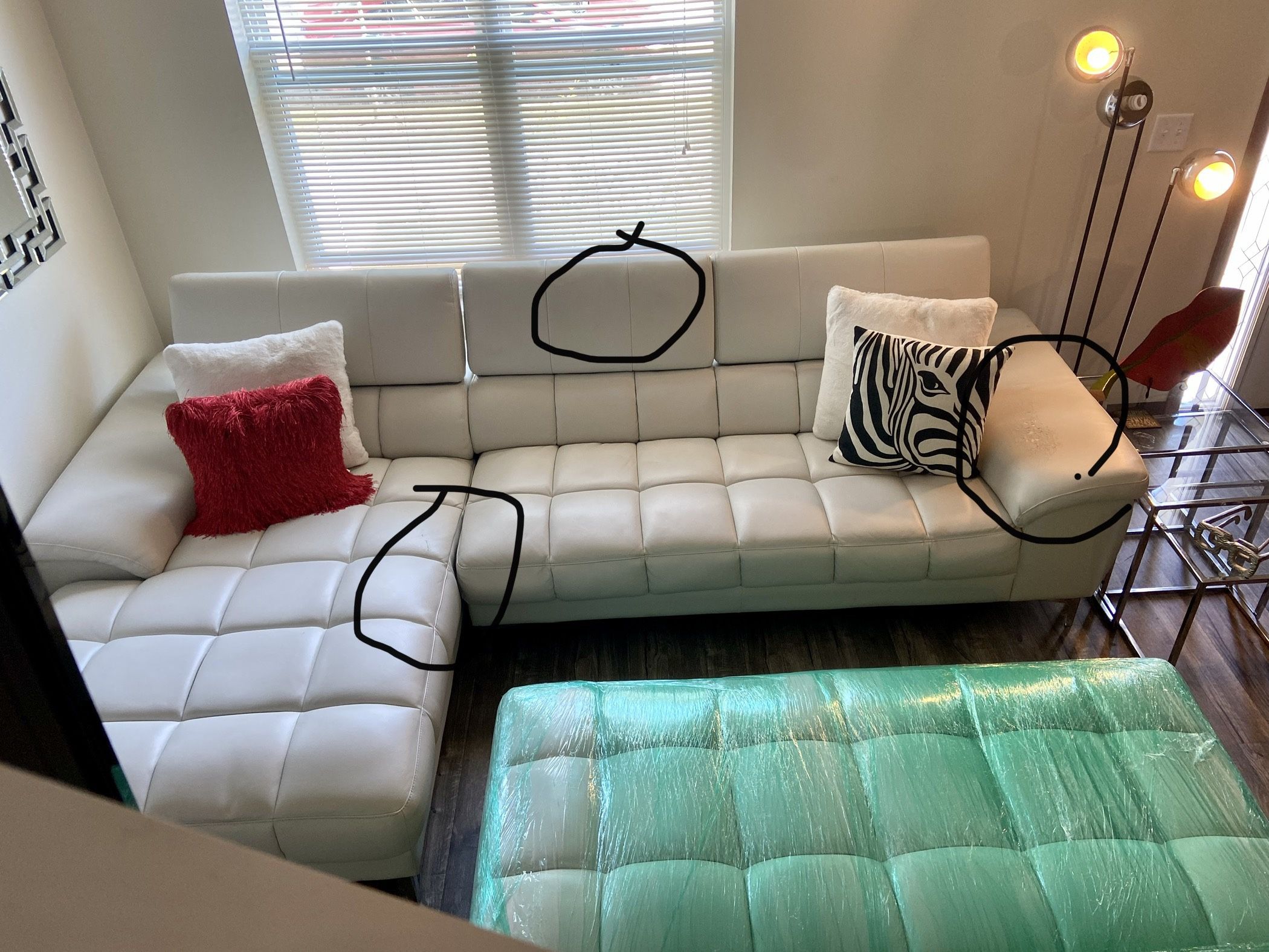Off White Faux Leather Sectional /ottoman