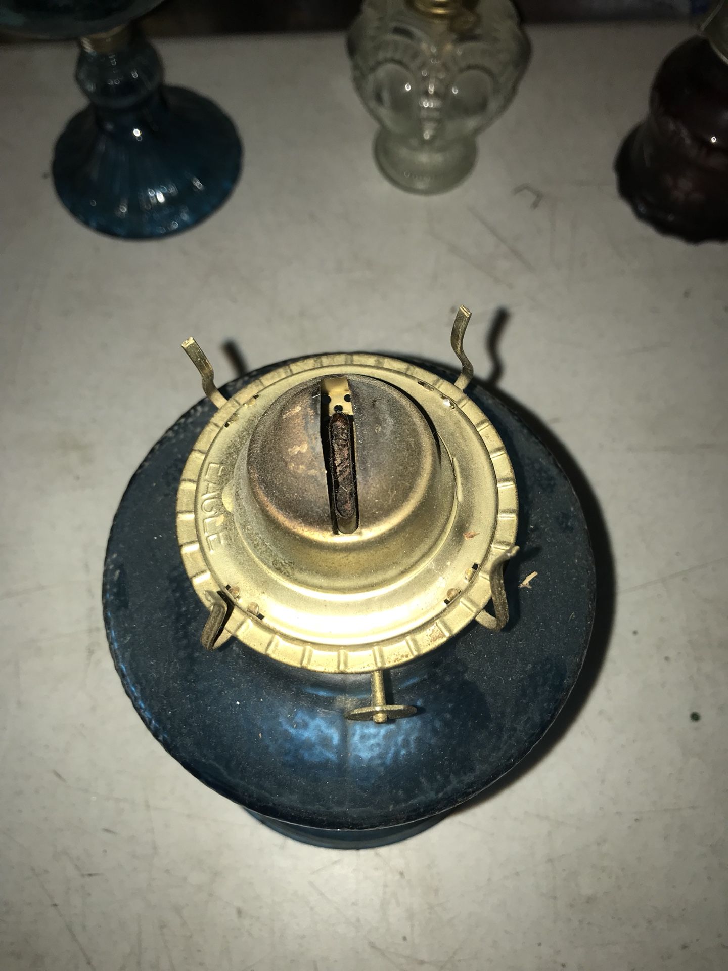 Large teal vintage hurricane lamp