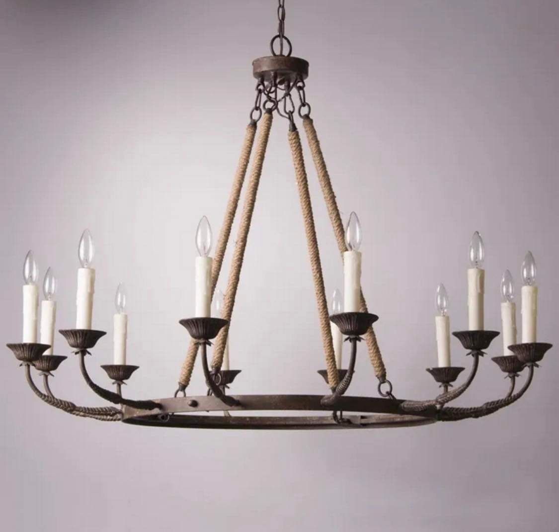 Bever Vintage 12-Light Candelabra Wagon Wheel Chandelier With Flaxen Hemp Rope F43