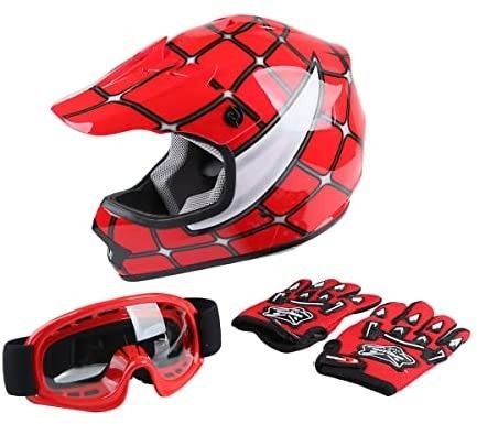 TCMT DOT Motorcycle Helmet for Kids Red Spider Net with Goggles & Gloves for Atv Mx Motocross Offroad Street Dirt Bike YouthÂ