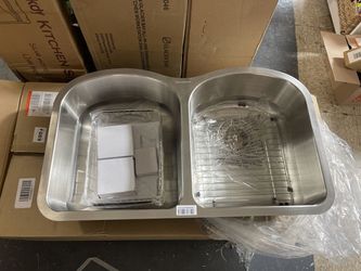 Glacier Bay Undermount Stainless Steel 32 in. Double Bowl Kitchen Sink with Drain, Strainer and Grid  - #75100- OS Thumbnail