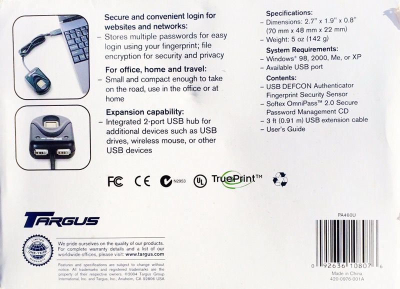 Targus PA460 USB Touch Biometric Defcon Authenticator w/2-Port USB Hub 