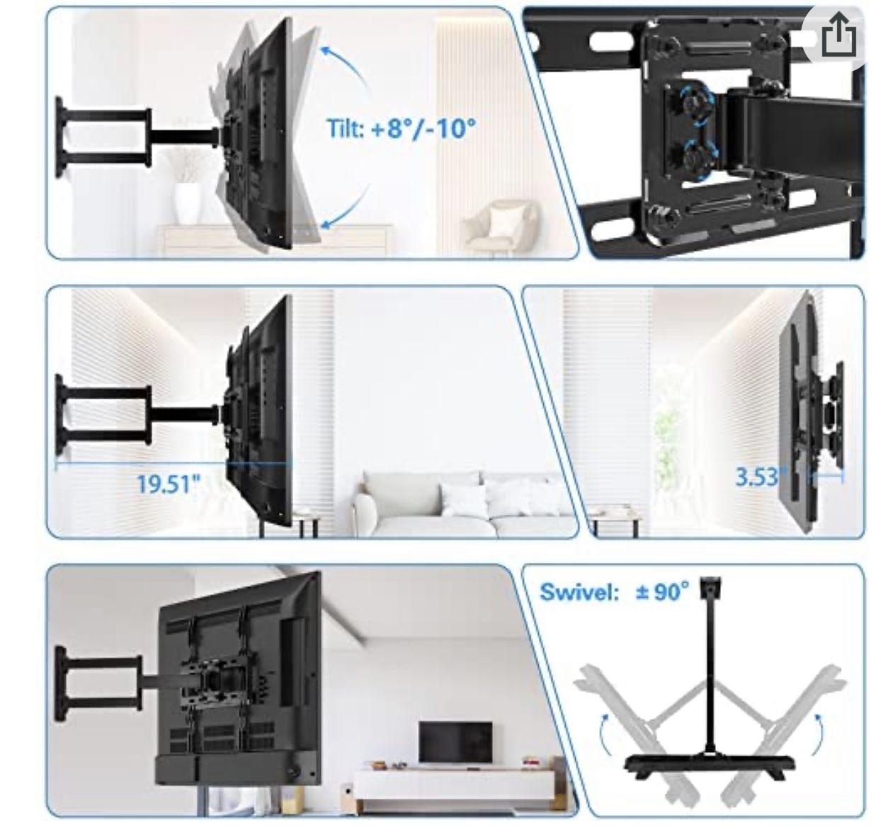 Full Motion TV Wall Mount for Most 23-55 inch LED LCD OLED Flat & Curved TVs up to 88lbs, Single Articulating Arm, Adjust Bracket Height, Swivel, Til