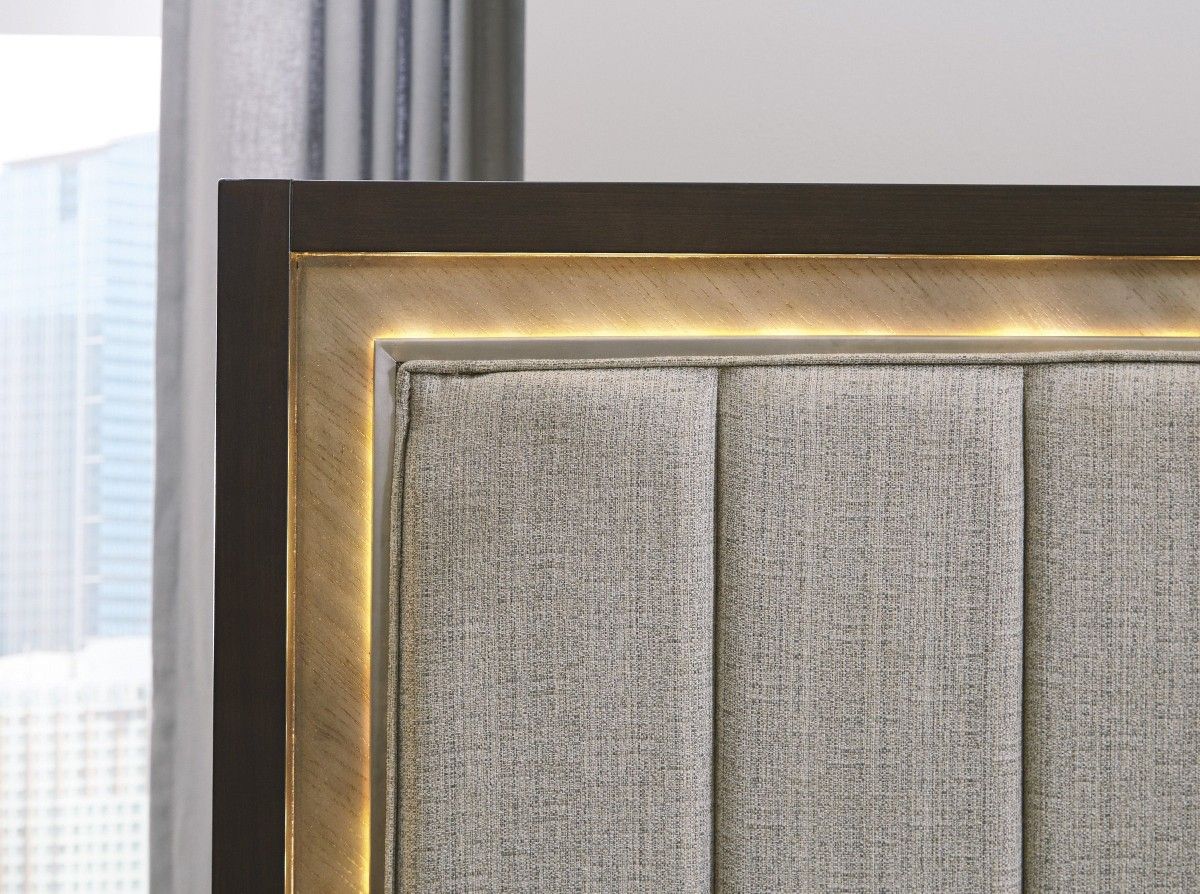 😺Maretto Brown-Silver LED Queen Panel Bed