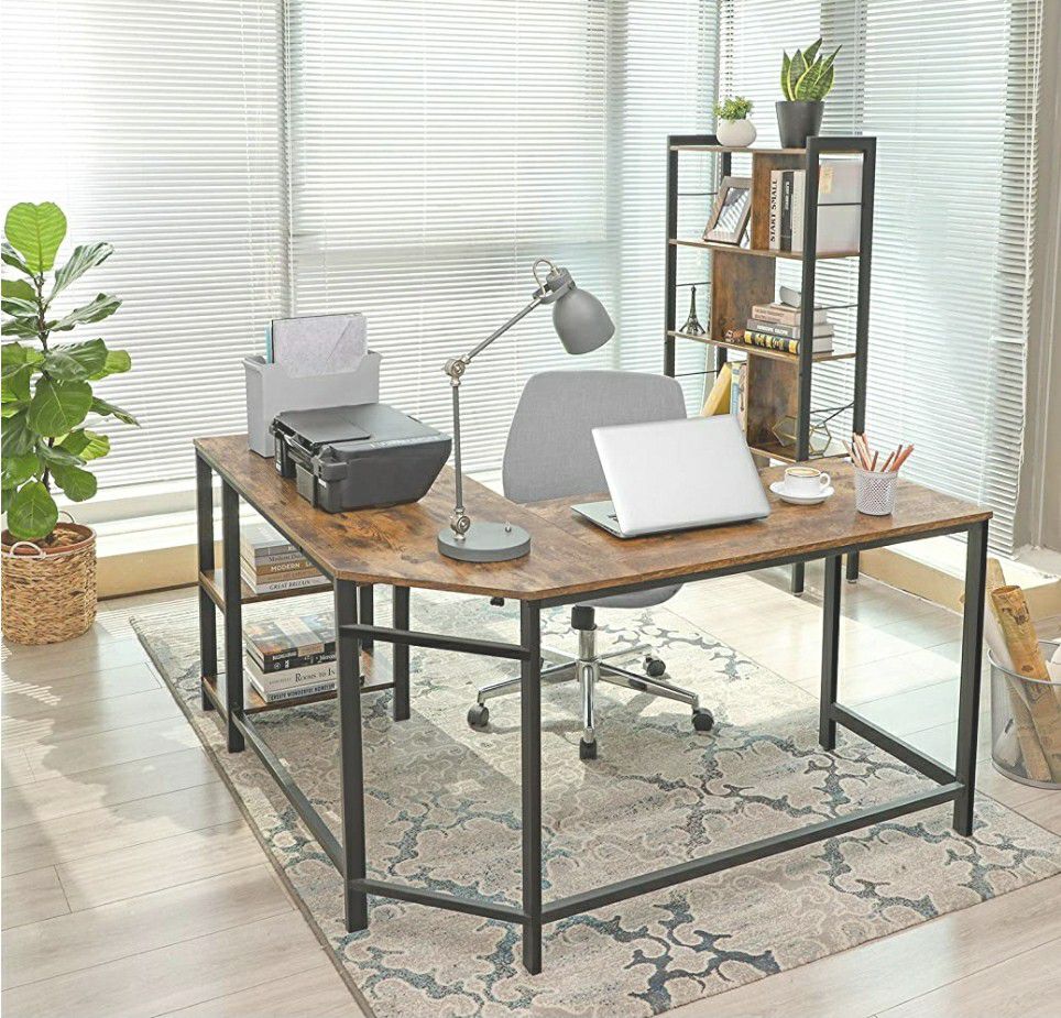 Home Office Industrial L-Shaped Computer Desk, Corner Desk, Office Study Workstation w/ Shelves