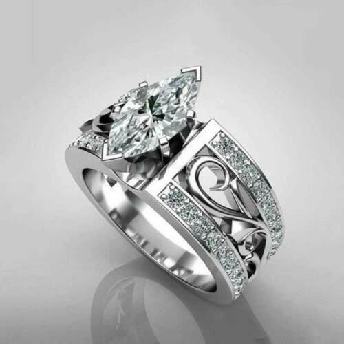 Elegant Women 925 Silver Wedding Ring Marquise Cut White Sapphire Ring Size 6-10