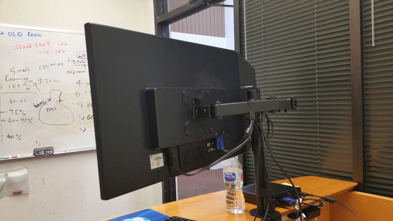 Dual-armed HP 24" LED monitors with cables: VGA, or DVI or HDMI or DP cables with power cords