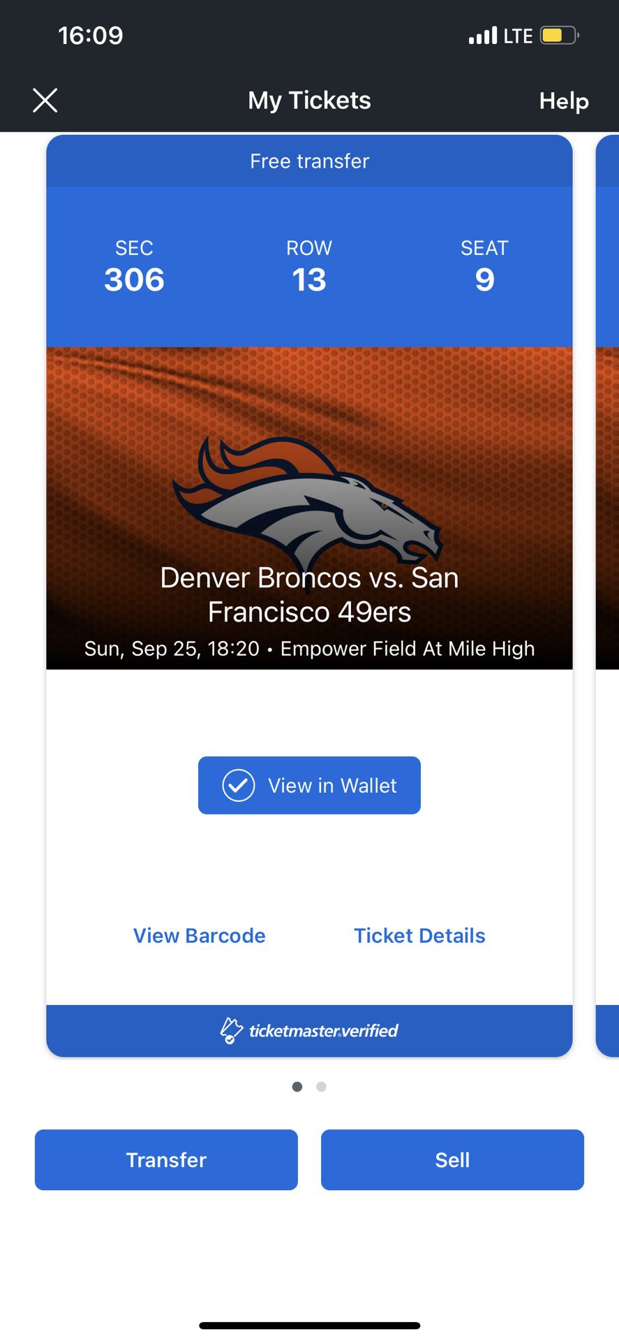 1 Broncos Vs 49ers Game Ticket For Sale 