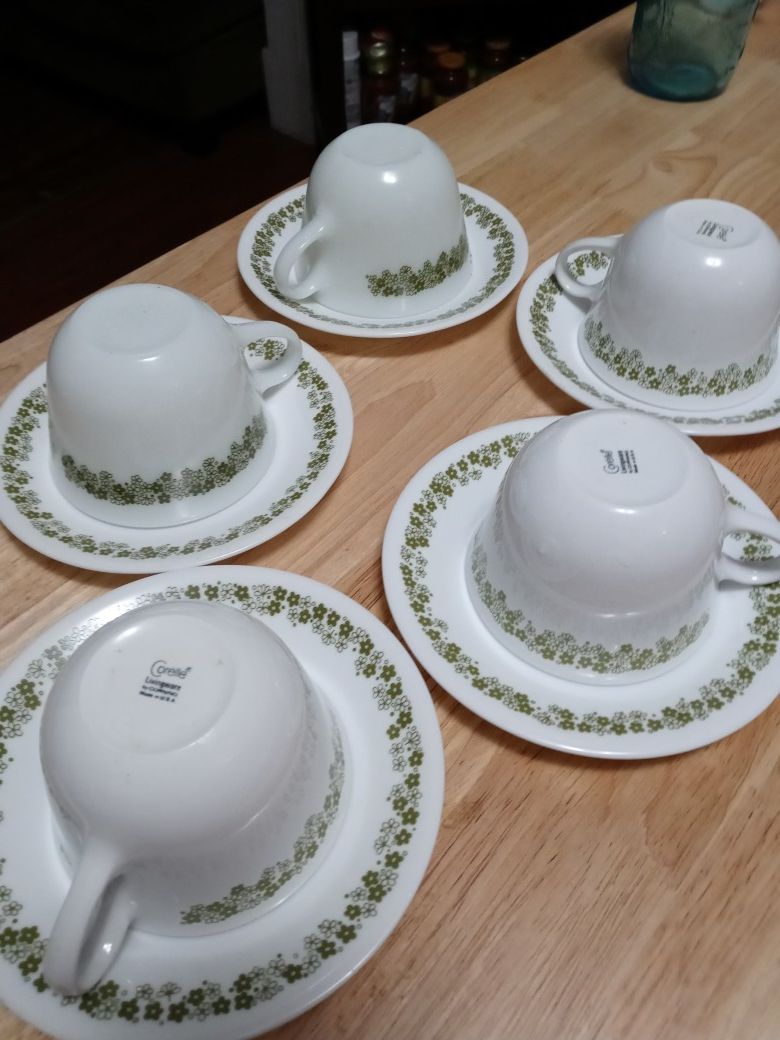 Set of (5) Spring Blossom Green Corning Tea Cups and Plates.