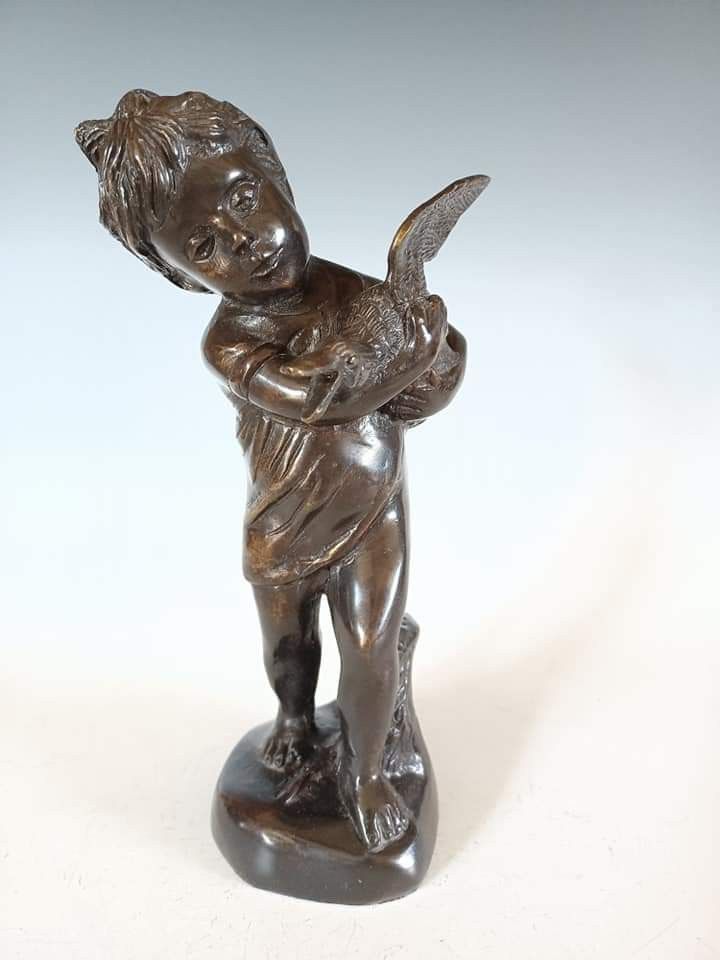 Beautiful Vintage Girl with Goose Brass Figurine