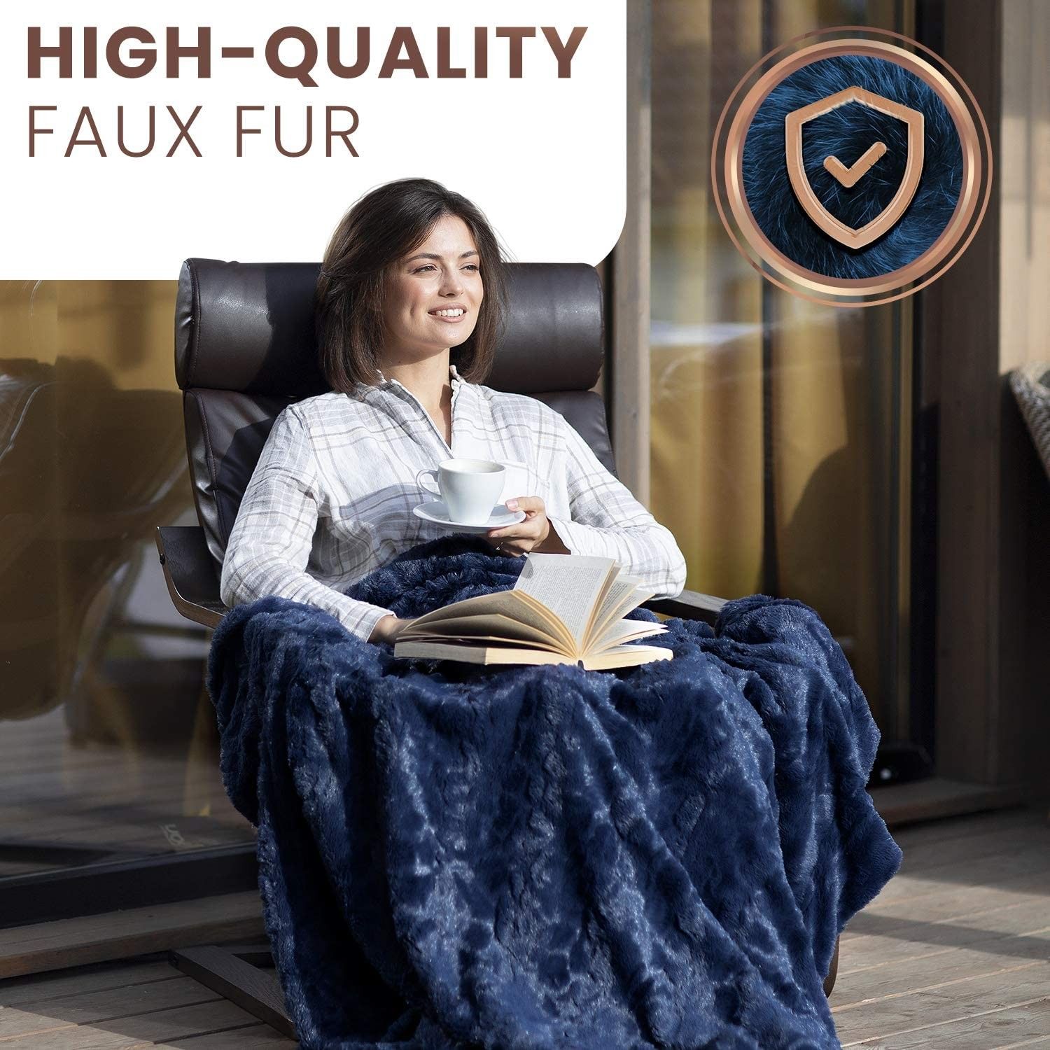 Luxury Faux Fur Throw Blanket - Ultra Soft and Fluffy - Plush Throw Blankets for Couch Bed and Living Room 50x65 (Full Size) Navy Blue