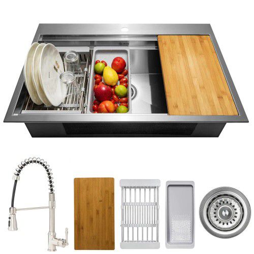 AKDY Handmade All-in-One Topmount Stainless Steel 33 in. x 22 in. Single Bowl Kitchen Sink w/ Spring Neck Faucet, Accessory - #75257-OS