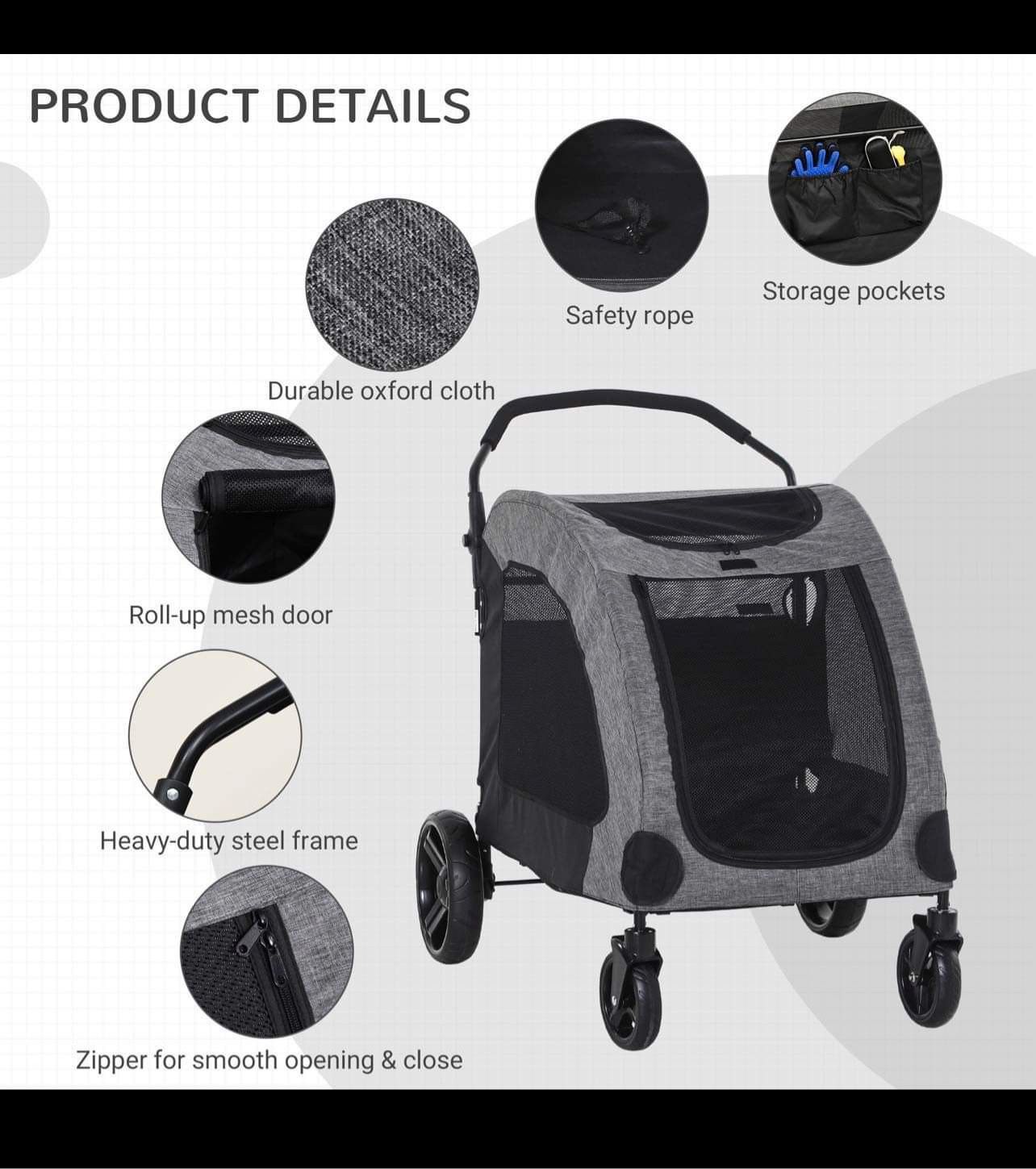 Foldable Dog Stroller with Storage Pocket, Oxford Fabric for Medium Size Dogs - Grey