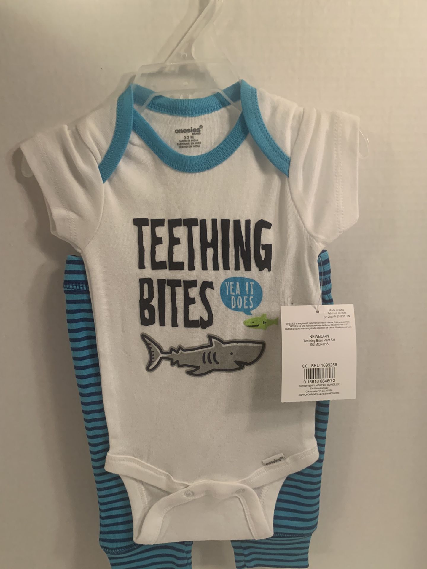 Newborn teething bites Pant Set 0/3 months in white and blue