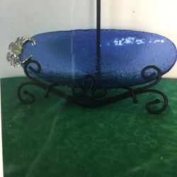 Mud pie large blue bubble glass oblong serving Dish /tray With Silver Tone Crab Thumbnail