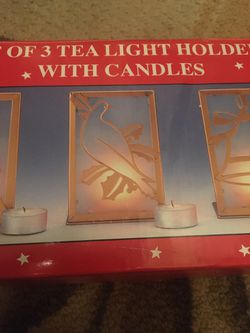 Set Of 3 Tea Light Holders With Candles Tree Bird Bell Thumbnail