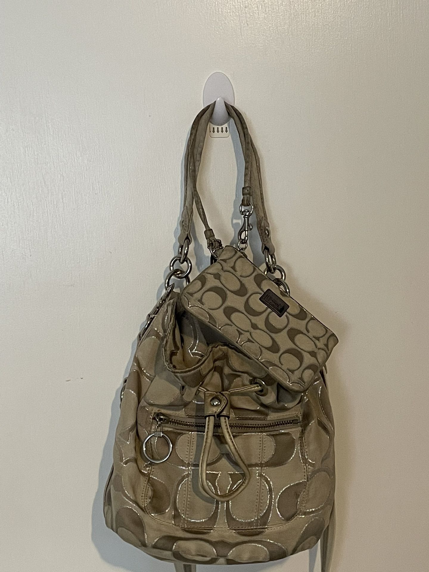 Khaki And Silver Authentic Coach Purse And Wristlet 