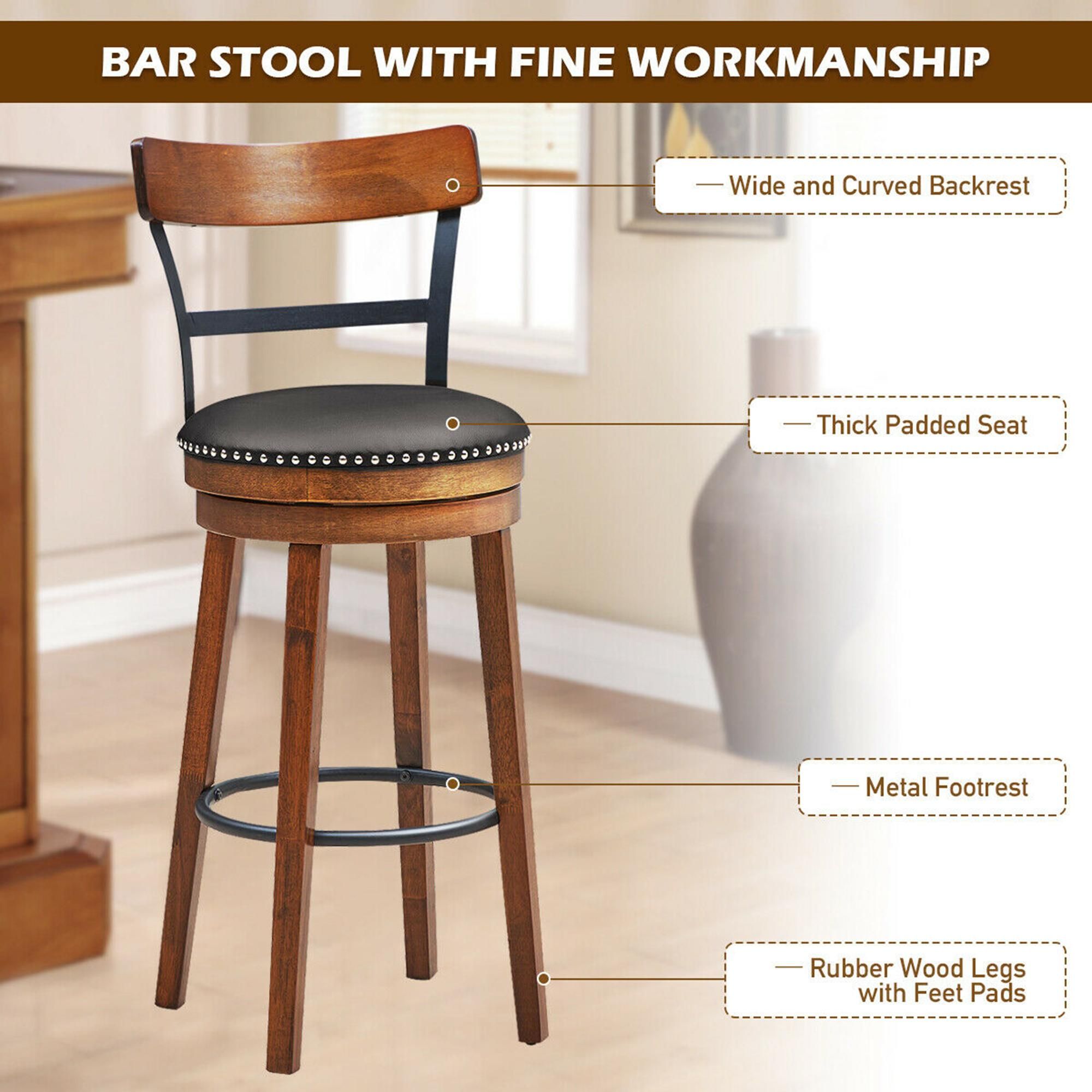 Costway Set of 2 BarStool 30.5'' Swivel Pub Height Dining Chair with Rubber Wood Legs