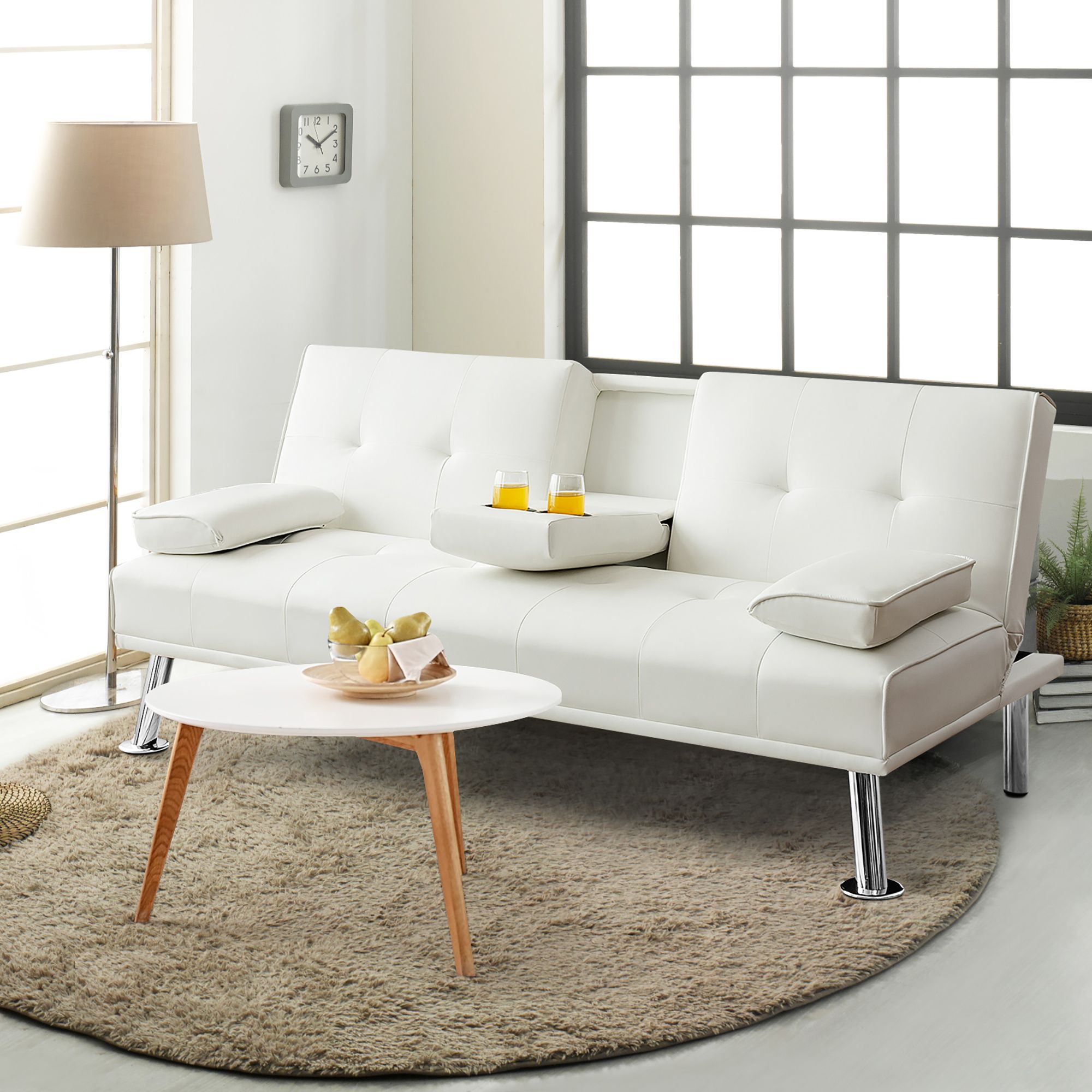 Costway Convertible Folding Futon Sofa Bed Leather w/Cup Holders&Armrests White