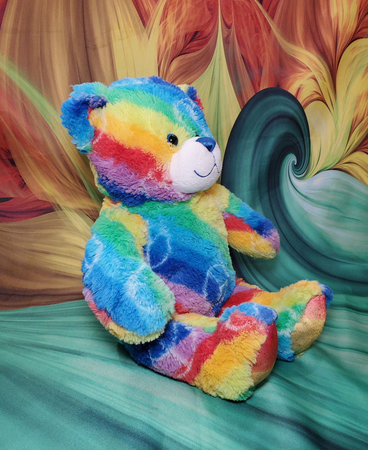 Build-a-Bear Rainbow Peace Teddy Blue Eyed Tie Dyed Plush Stuffed BABW Toy 16"