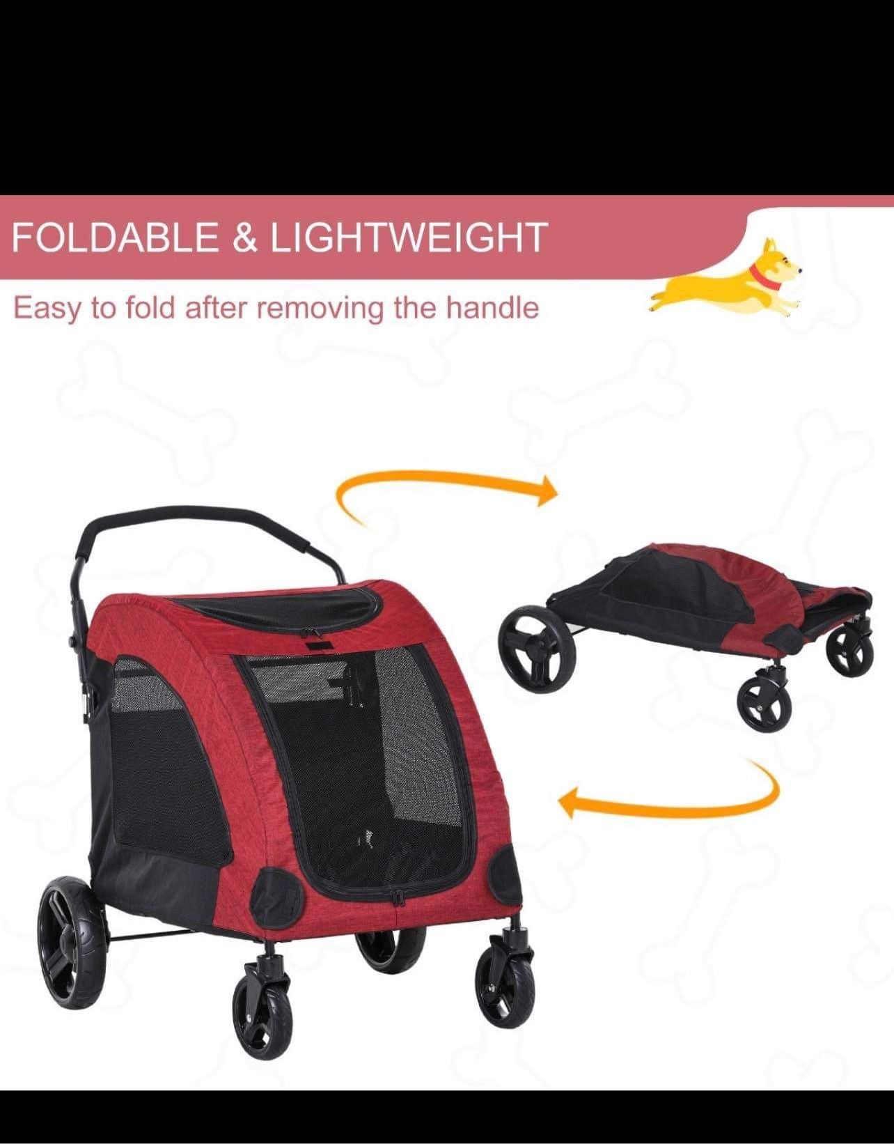 Foldable Dog Stroller with Storage Pocket, Oxford Fabric for Medium Size Dogs - Red