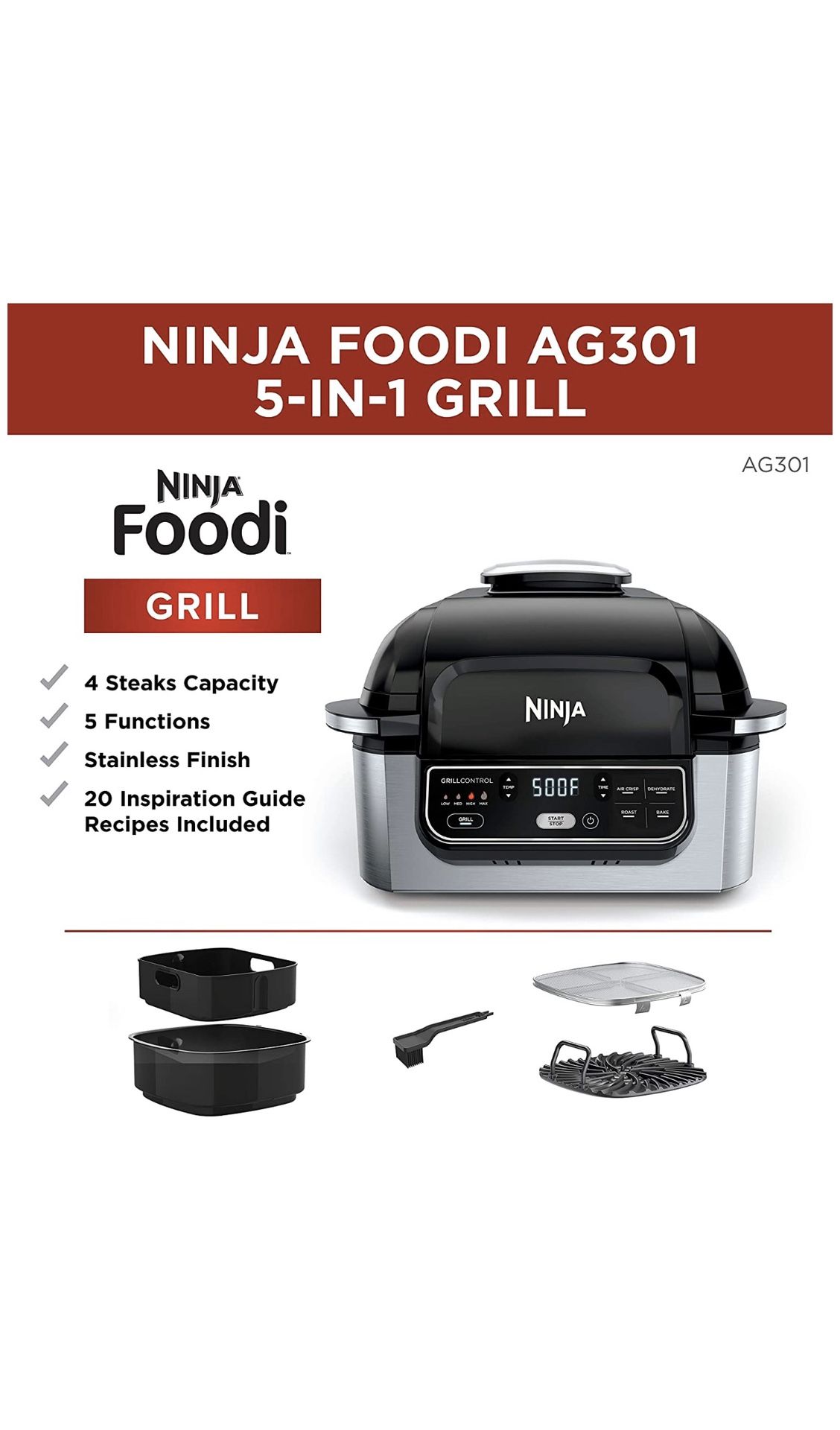 Ninja Foodi 4-in-1 Indoor Grill With 4-Quart Air Fryer With Roast, Bake ...