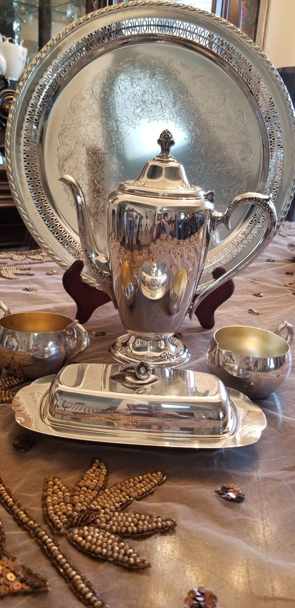 Silverplated tea set with butter dish and edge decorated tray
