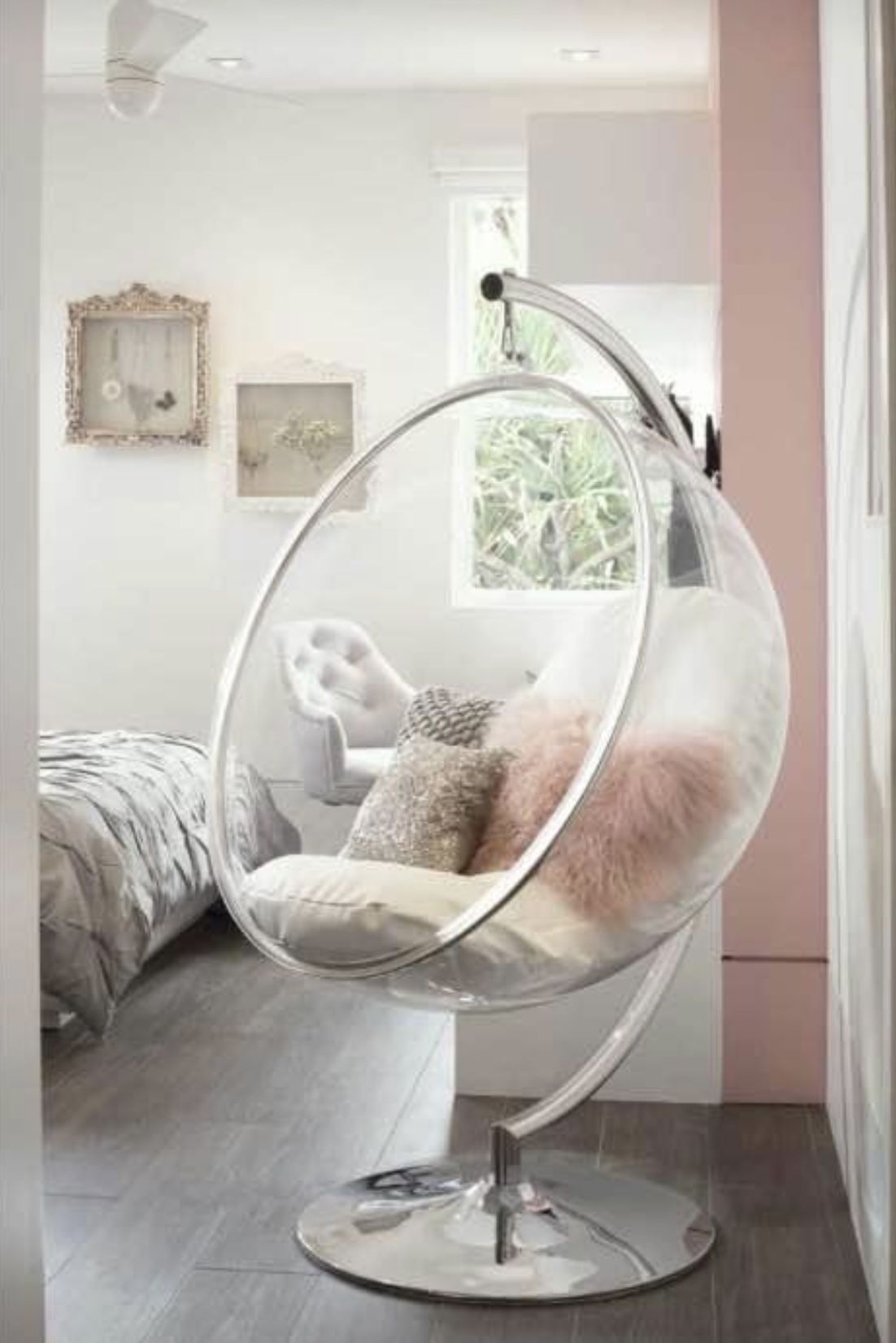 Hanging Bubble Chair Polished Chrome With Stand And Cushion Pillows