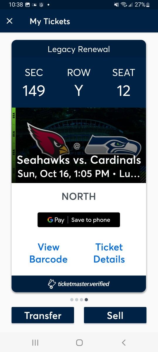 Seattle SEAHAWKS VS Arizona CARDINALS 3 TICKETS 100 LEVEL