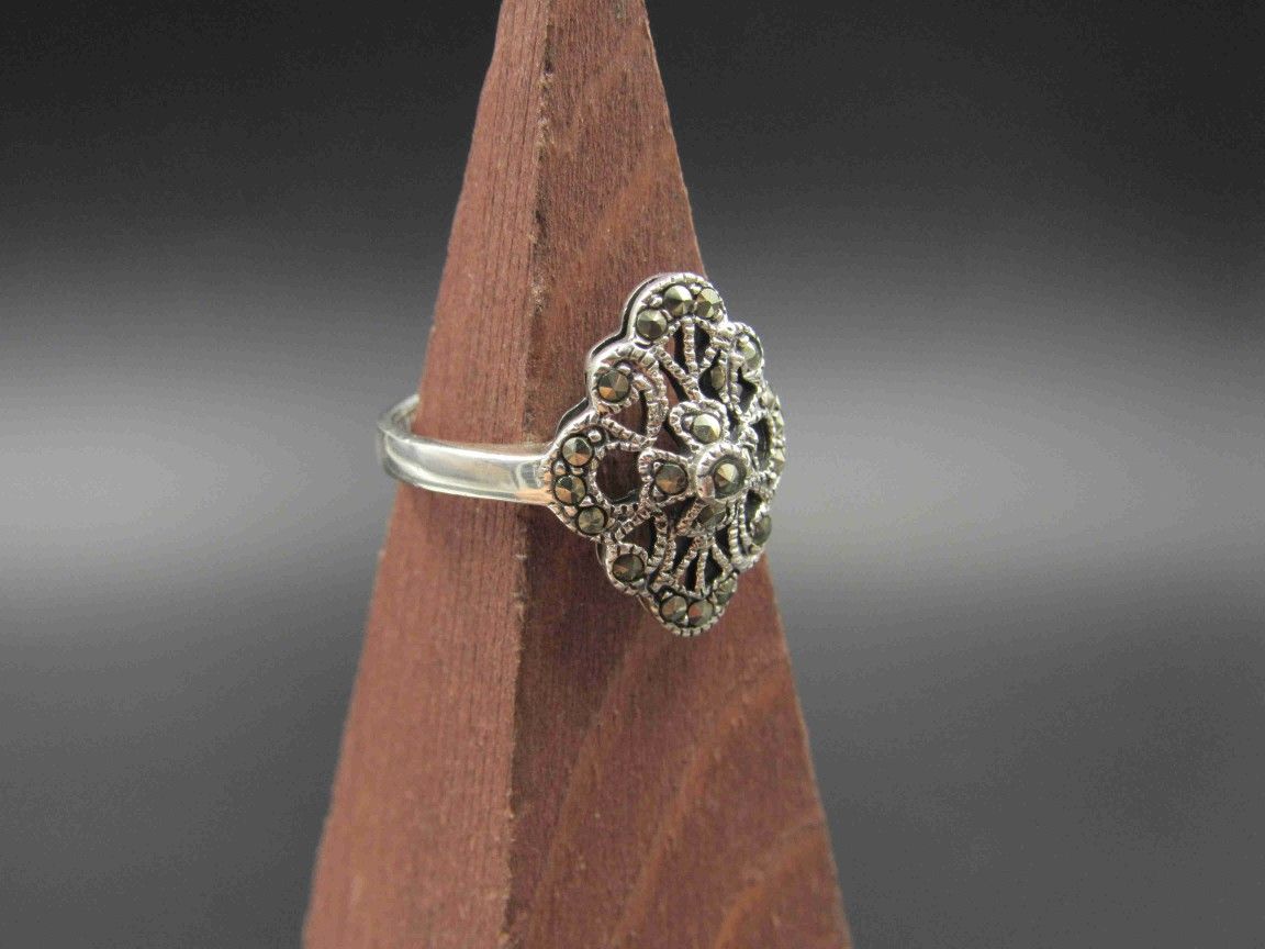 Size 6.5 Sterling Silver Ornate Marcasite Stone Band Ring Vintage Statement Engagement Wedding Promise Anniversary Bridal Cocktail