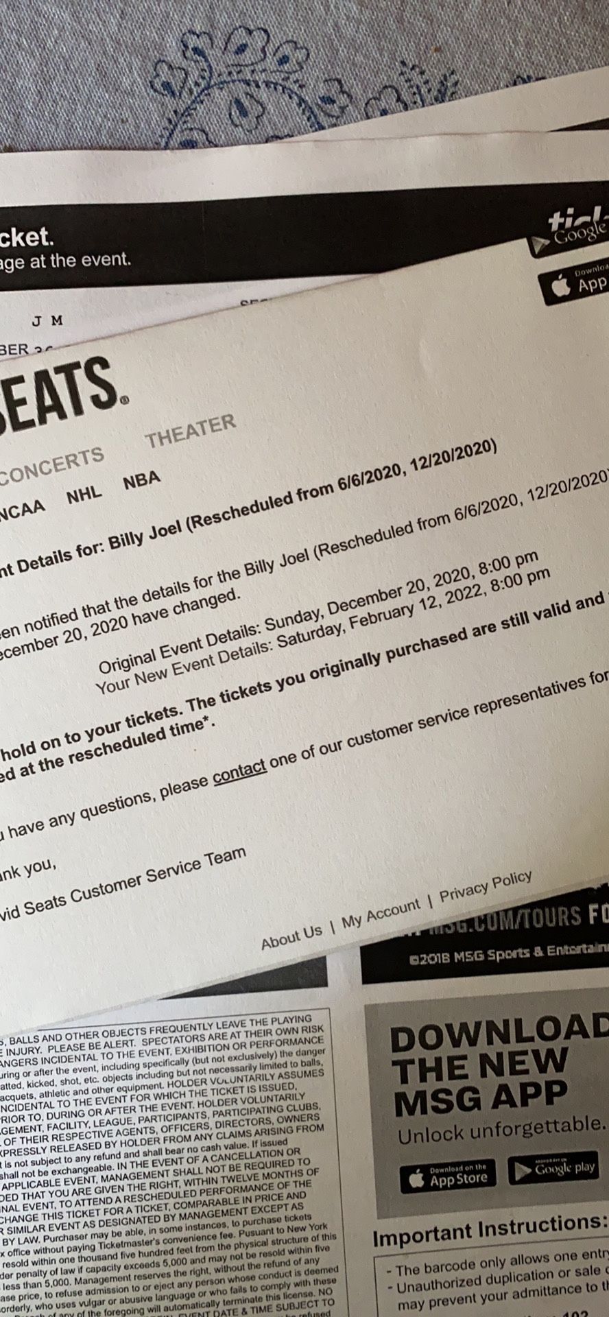 2 BILLY JOEL CONCERT TICKETS @ MSG
