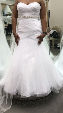 White Wedding Dress Sz. 14 Floor Length Crystal Sash Attached   Thumbnail