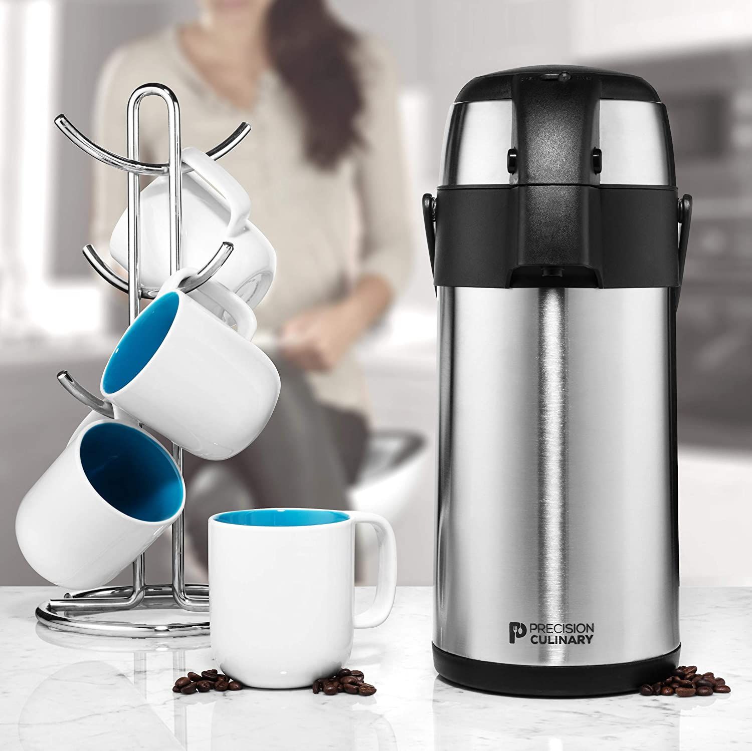 Airpot Coffee Dispenser with Pump/Stainless Steel Thermal Coffee Carafe - Three Liter (102 oz.) Hot Beverage Dispenser with On/Off Pump Switch - Vacuu