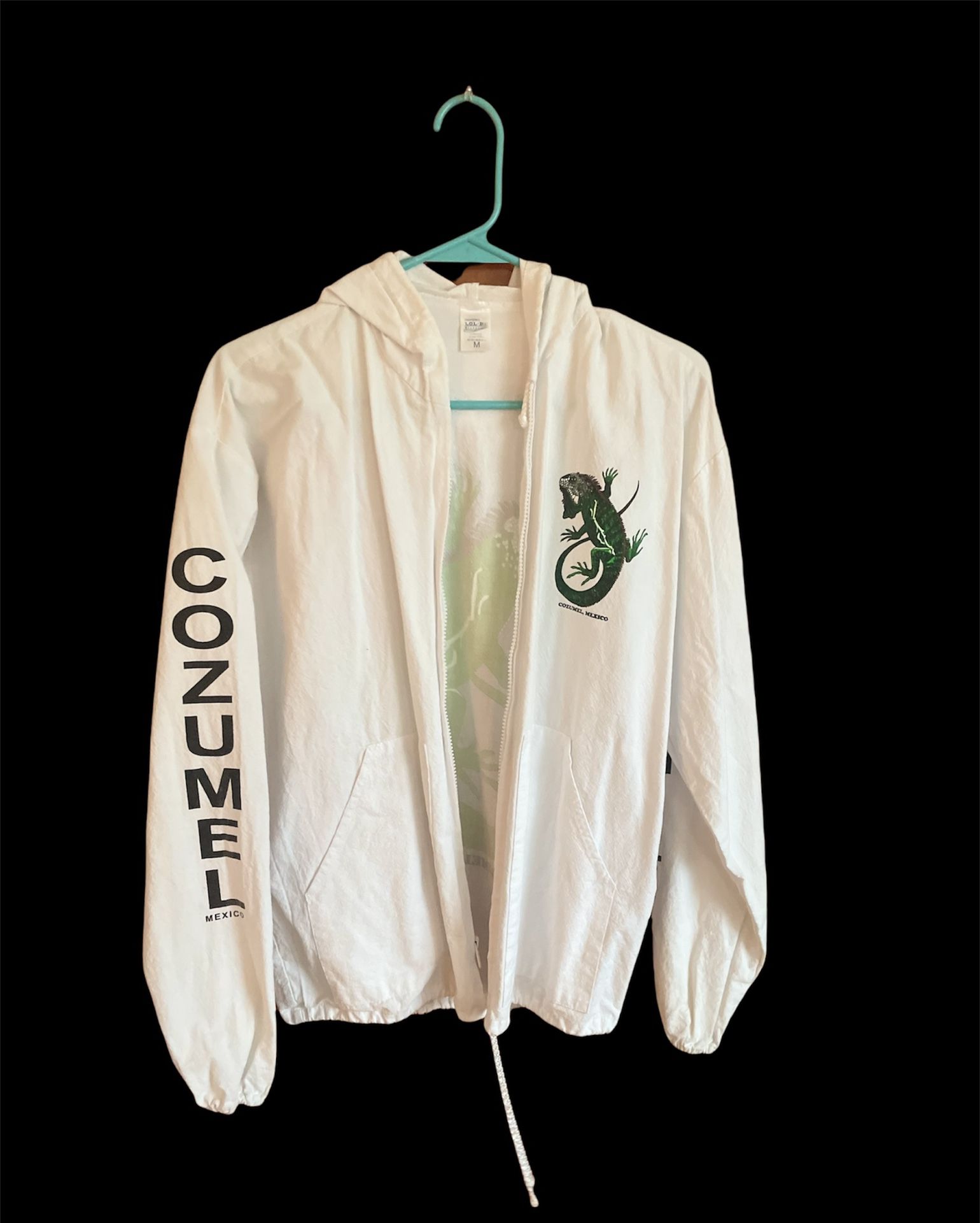 Vintage Cozumel Mexico Iguana Lizard Hoodie Jacket Zip Up White Size Medium